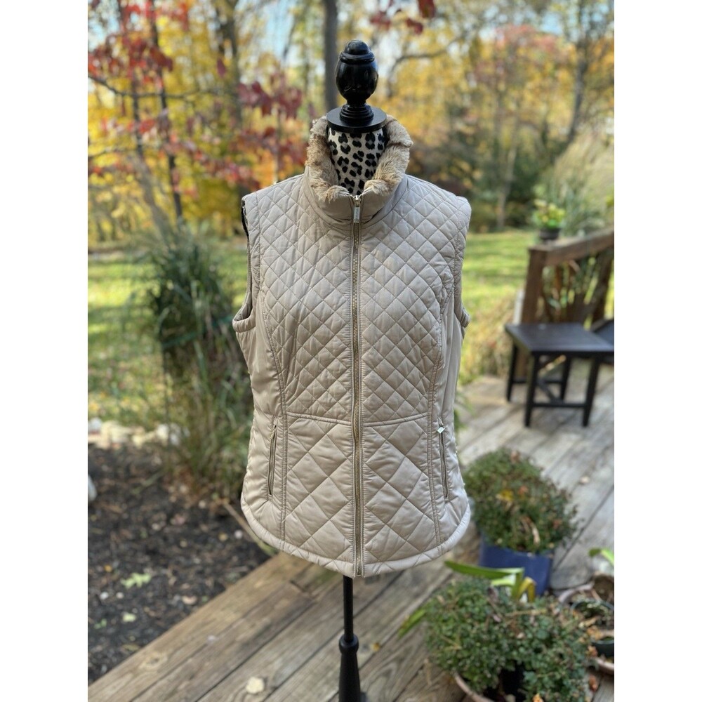 Calvin Klein Women’s Khaki Vest with Faux Fur Collar Gold Zipper Size L